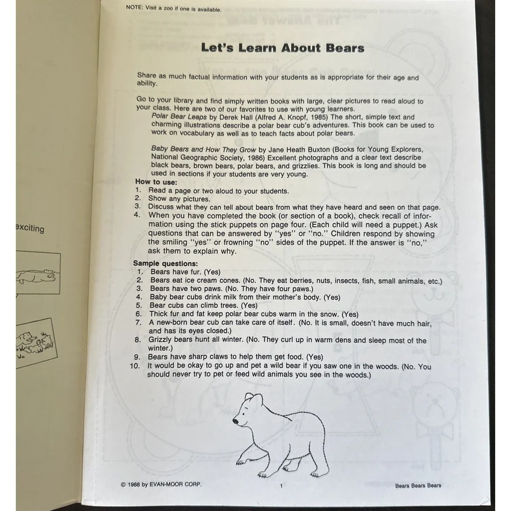 Vtg Bears, Bears, Bears: A complete Unit for the Busy Teacher  Level: Pre K-1